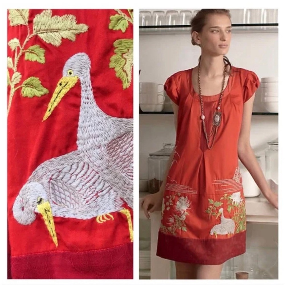 Anthropologie Fire’s Path Embroidered Crane Dress Size 10 Large